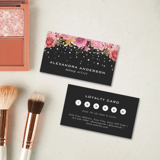 Pink Aquarell Blume Diamant Glitzer Salon Schwarz Treuekarte (Pink Watercolor Flower Diamond Glitter Salon Black Loyalty Card)