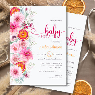 Pink Aquarell Blütendusche und Citrus Baby Dusche Einladung
