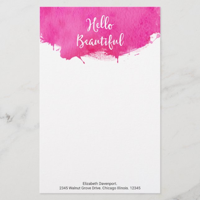 Pink Aquarell Paint Spritzer Hallo Beautiful Briefpapier (Vorderseite)