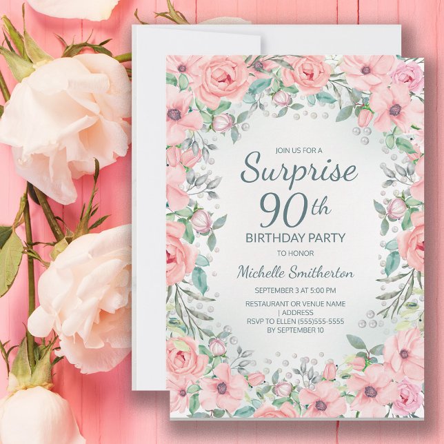 Pink Aquarell Rose Pearls 90. Geburtstag (Pink floral surprise 90th birthday party invitation customized with your text.)