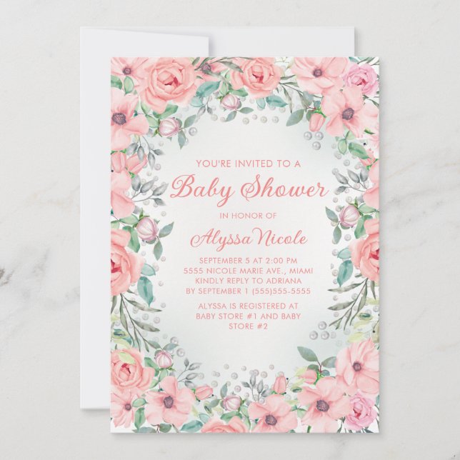 Pink Aquarell Rose Pearls Baby Dusche (Vorderseite)