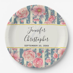 Pink-Aquarellfarben-Blume auf Streifen Hochzeitspa Pappteller