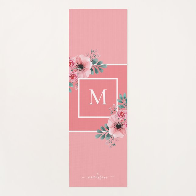 Pink | Aquarellfarben Blume Monogramm Yoga Mat Yogamatte (Vorderseite)
