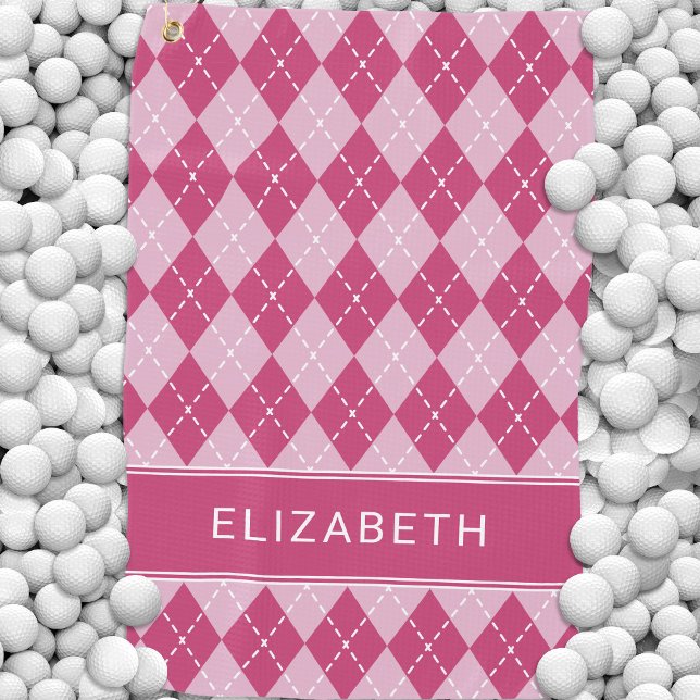 Pink Argyle Plaid Custom Monogram Name Classic Golfhandtuch (Pink Argyle Plaid Custom Monogram Name Classic Golf Towel)