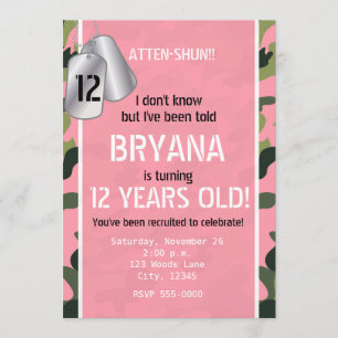 PINK Army Dog Tags Camouflage Party Einladungen