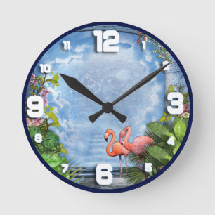 Pink Arty Flowers on Blue-wood  texture Runde Wanduhr