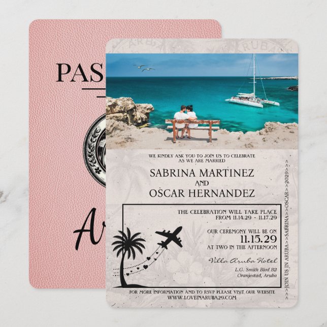 Pink Aruba Pass Einladung zur Hochzeit (Vorne/Hinten)