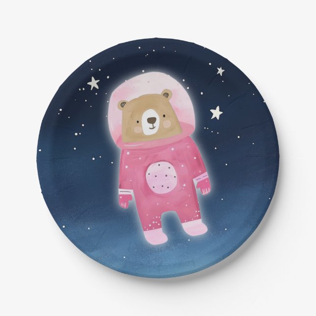 Pink Astronaut Bear Space Baby Dusche Pappteller (Vorderseite)