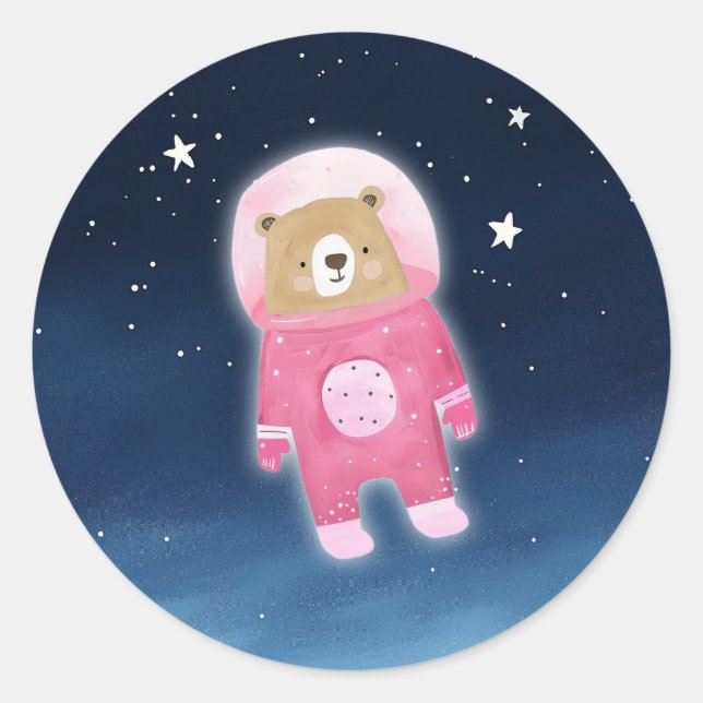 Pink Astronaut Bear Space Baby Dusche Runder Aufkleber (Vorderseite)