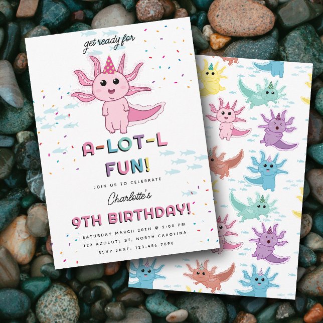 Pink Axolotkids Niedlich Salamander Geburtstagspar Einladung (Pink Axolotl Kids Cute Salamander Birthday Party Invitation)