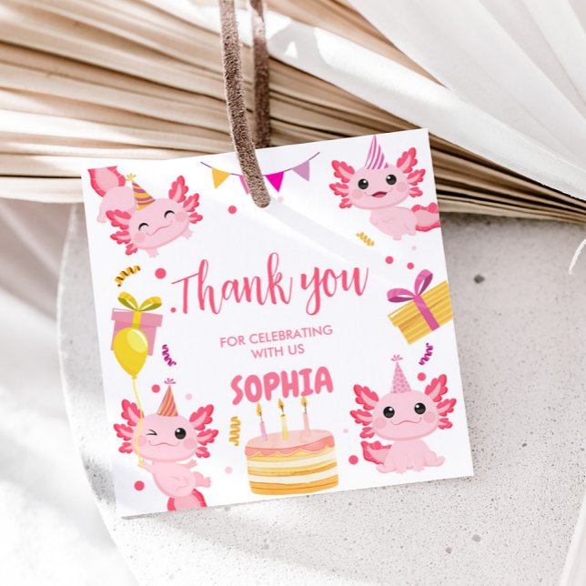 Pink Axolotl Alotl Geburtstagsparty Platz Geschenkanhänger (Pink Girl Axolotl Alotl Birthday Party Square Favor Tags)