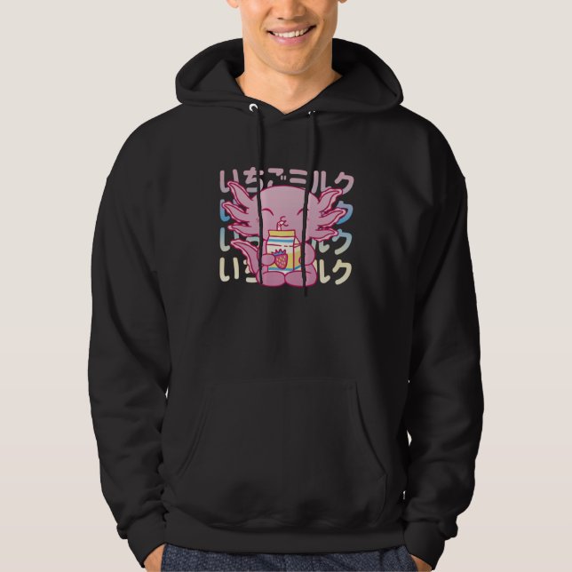 Pink Axolotl Drinking Strawberry Milk Hoodie (Vorderseite)