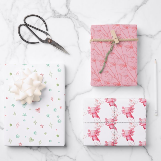 Pink Axolotl Geburtstagsparty Geschenkpapier Set (Vorderseite)