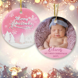 Pink Baby 1. Weihnachtsfeier Foto Keramik Ornament