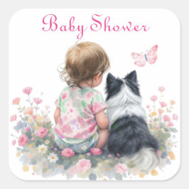 Pink Baby and Puppy Baby Shower Quadratischer Aufkleber