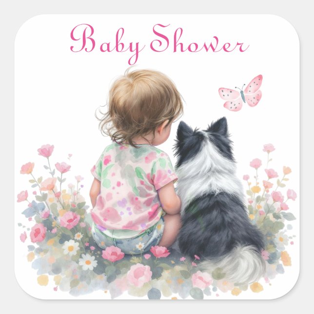 Pink Baby and Puppy Baby Shower Quadratischer Aufkleber (Vorderseite)