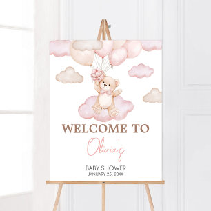 Pink Baby Bear Balloon Baby Dusche Willkommen Poster