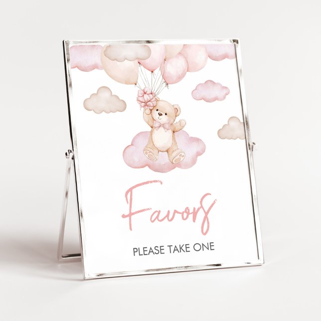 Pink Baby Bear Balloon Baby Shower Favorit Poster (Pink Baby Bear Balloon Baby Shower Favors Sign)