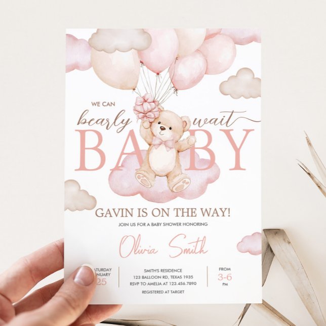 Pink Baby Bear Balloon Babydusche Einladung (Pink Bearly Wait Baby Bear Balloon Baby Shower Invitation
)