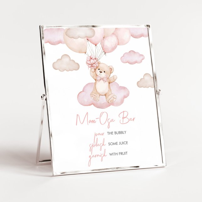 Pink Baby Bear Balloon Babydusche Mama Osa Bar Poster (Pink Baby Bear Balloon Baby Shower Mom Osa Bar Sign)