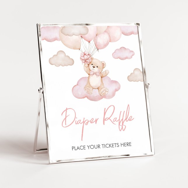 Pink Baby Bear Balloon Babydusche Windelwanne Poster (Pink Baby Bear Balloon Baby Shower Diaper Raffle Sign)