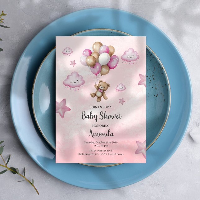 Pink Baby Bear Balloon Girl Baby Shower Einladung (Von Creator hochgeladen)