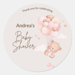 Pink Baby Bear & Balloons Baby Shower Stickers