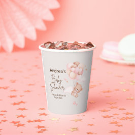 Pink Baby Bear & Balloons Babydusche Papiertüten Pappbecher