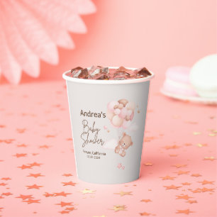 Pink Baby Bear & Balloons Babydusche Papiertüten Pappbecher