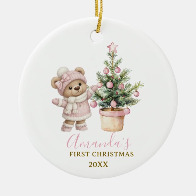 Pink Baby Bear First Christmas Keepsake Keramik Ornament (Vorne)