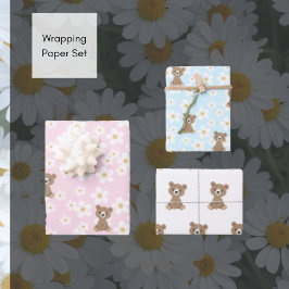 Pink Baby Bear floral Daisy Wrapping Paper Set Geschenkpapier Set