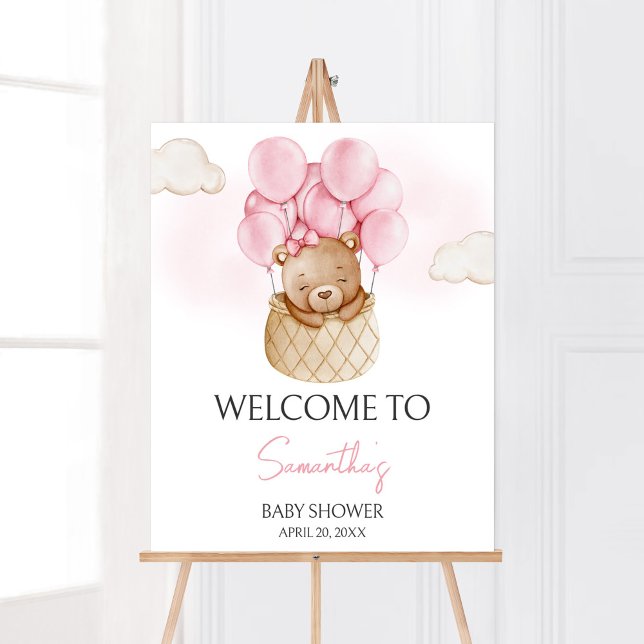 Pink Baby Bear Hot Air Ballon Babydusche Willkomme Poster (Baby Bear Pink Baby Shower Welcome Sign)