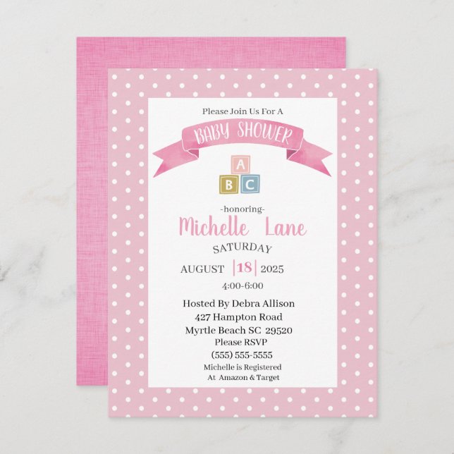 Pink Baby Blocks Girl Dusche Einladung (Vorne/Hinten)