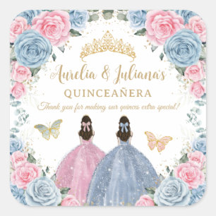 Pink Baby Blue Floral Princesses Twins Quinceañera Quadratischer Aufkleber