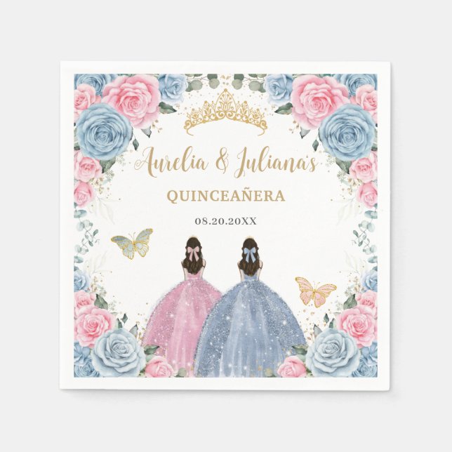 Pink Baby Blue Floral Princesses Twins Quinceañera Serviette (Vorderseite)