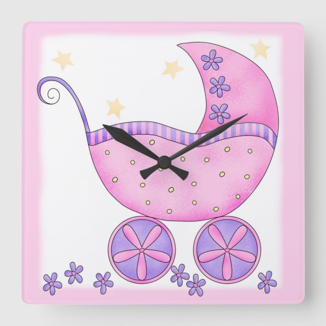 Pink Baby Buggy Carriage individuell Quadratische Wanduhr (Vorderseite)