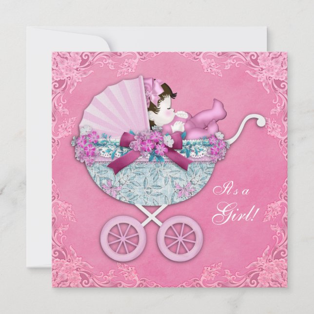 Pink Baby Carriage Girl Dusche Einladung (Vorderseite)