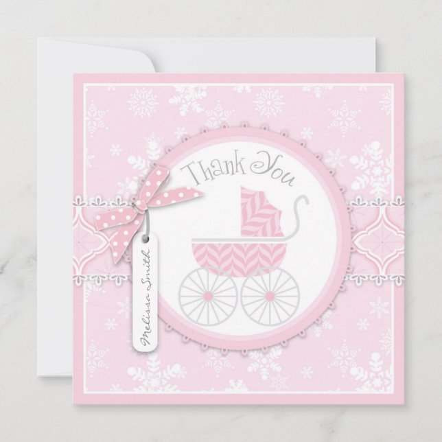 Pink Baby Carriage & Snowflakes Einladung (Vorderseite)