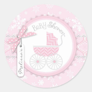 Pink Baby Carriage & Winter Snowflakes Runder Aufkleber