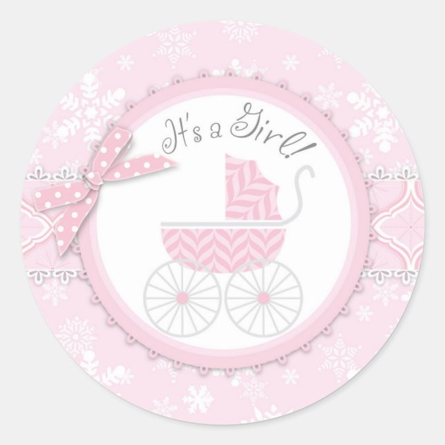 Pink Baby Carriage & Winter Snowflakes Runder Aufkleber (Vorderseite)