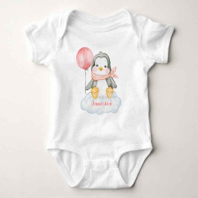 Pink Baby Cartoon Pinguin und Cloud Personalisiert Strampler (Vorderseite)