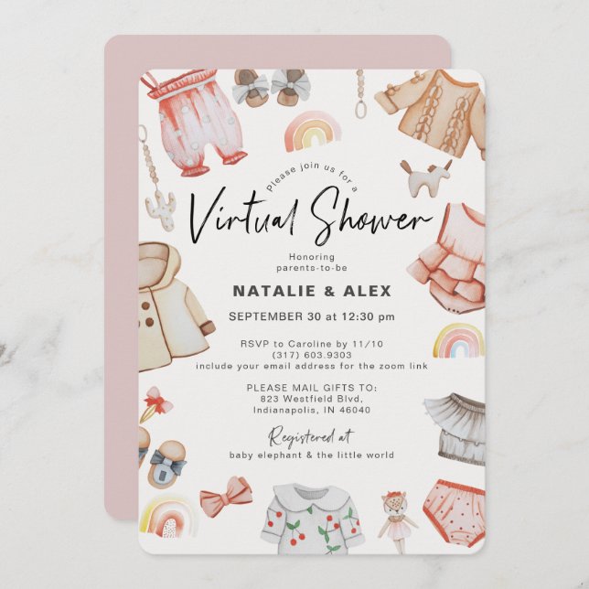 Pink Baby Clothes & Toys Virtual Baby Dusche Einladung (Vorne/Hinten)