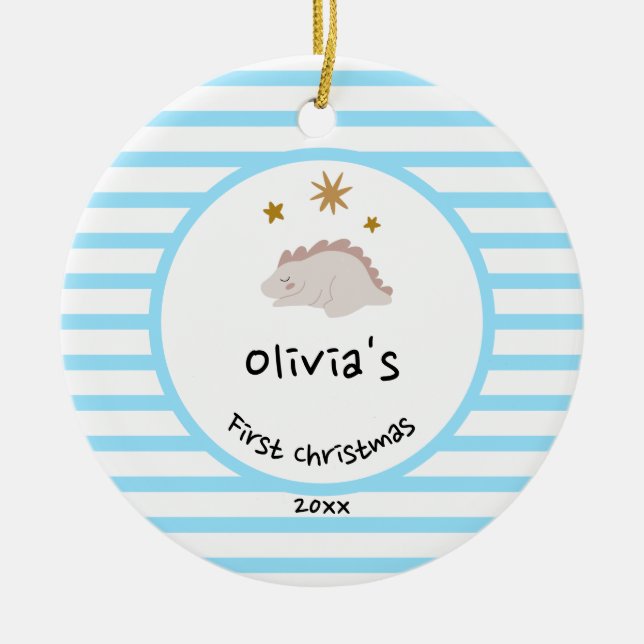Pink Baby Dino | First Christmas Baby Blue Strip Keramik Ornament (Vorne)
