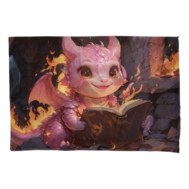 Pink Baby Dragon liest ein Buch Kissenbezug (Vorderseite)