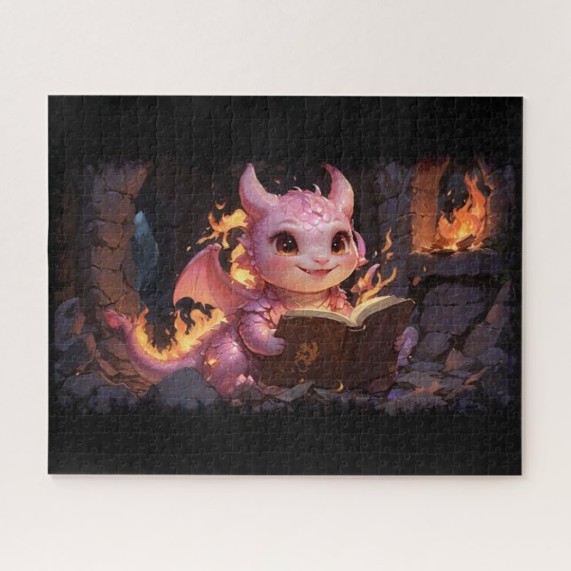 Pink Baby Dragon liest ein Buch Puzzle (Horizontal)