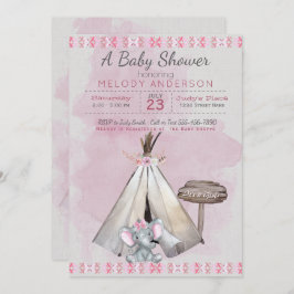 Pink Baby Dusche Boho Baby Elephant & Tipi Einladung