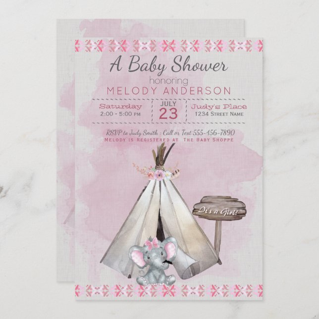 Pink Baby Dusche Boho Baby Elephant & Tipi Einladung (Vorne/Hinten)