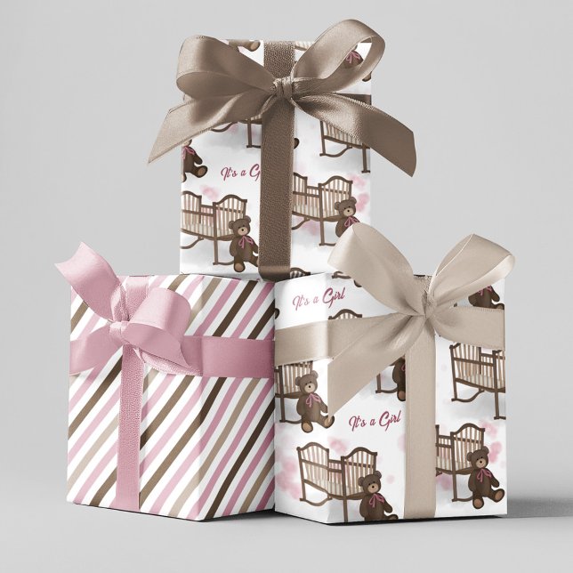 Pink Baby Dusche Es ist ein Girl Teddy Bär Geschenkpapier Set (Pink and brown "it's a girl" wrapping paper. )