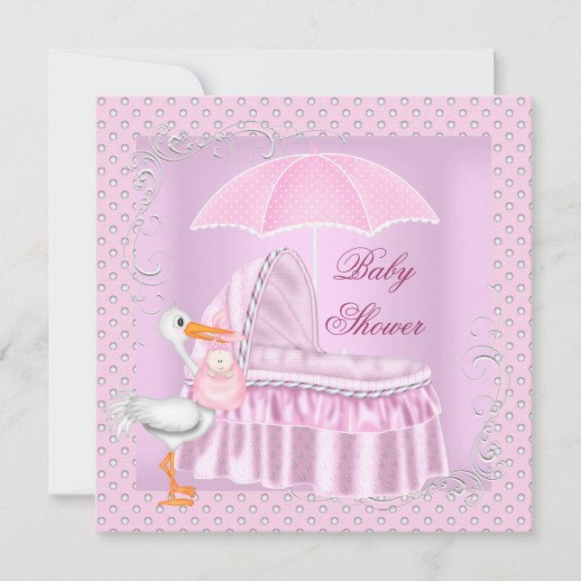 Pink Baby Dusche Girl Umbrella Bassinette Einladung (Vorderseite)