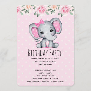 Pink Baby Elephant and Rose Border Baby Show Einladung